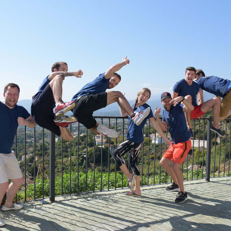 Teamet på viseo hoppar tillsammans framför en utsiktsplats