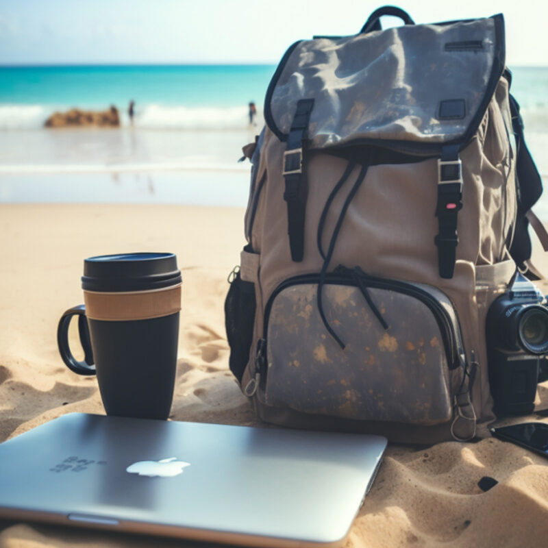 Ryggsäck på sandstrand med stängd laptop samt kaffemugg.